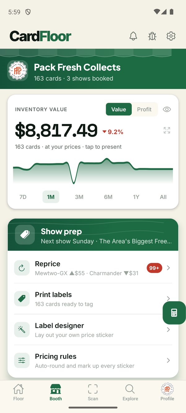 The Booth dashboard: live inventory value, a reprice feed, and show-prep tools.