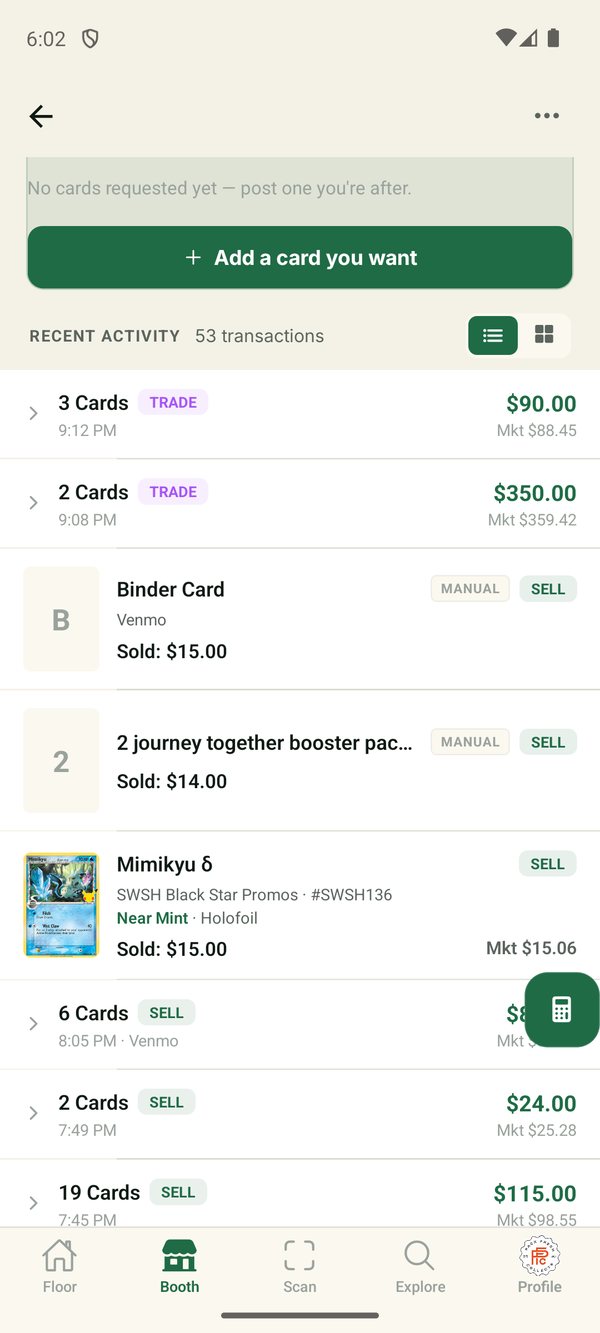 The transaction log for a show — buys, sells, and trades, each checked against market value.