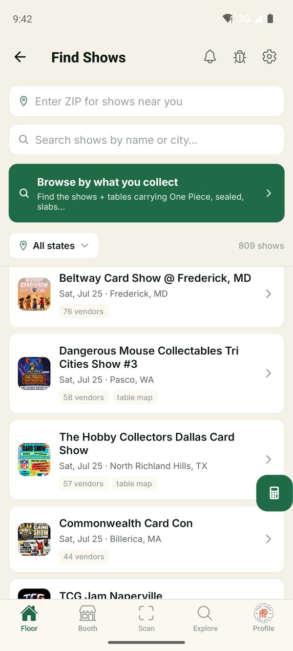 CardFloor's Find Shows screen — 800+ real card shows near you, each with its vendor count and floor map.
