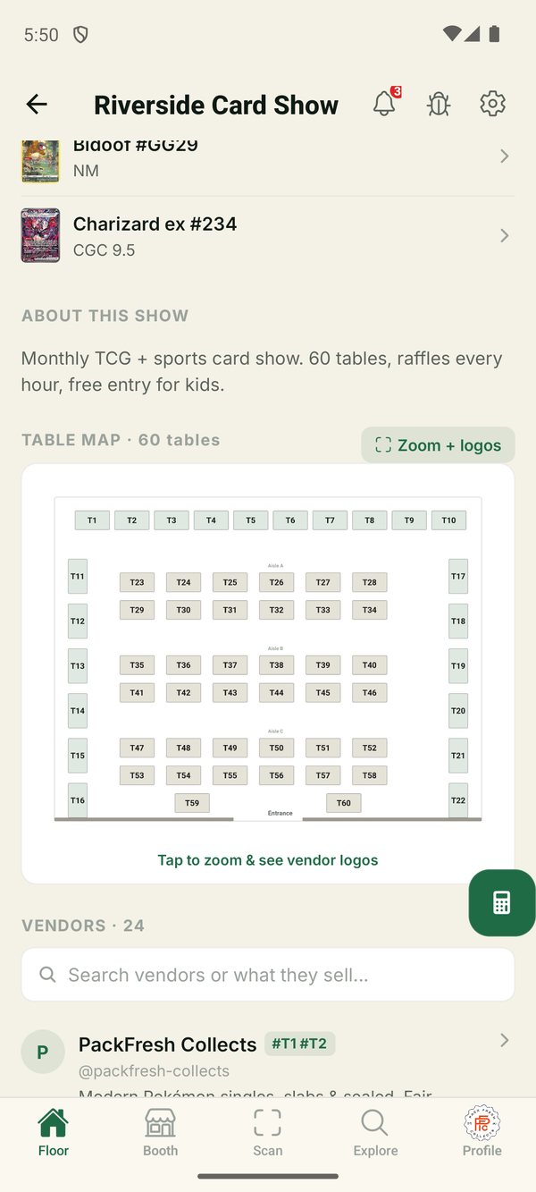 A show's real venue floor map, drawn to scale, with every booth in its true position.