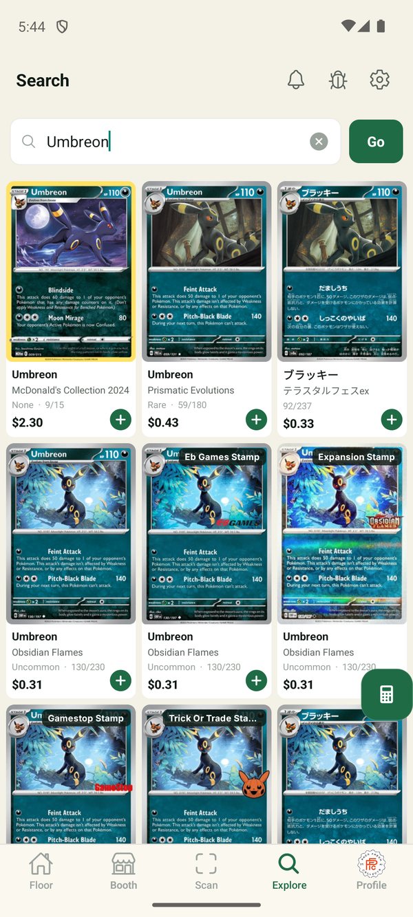 Searching the catalog — a grid of Umbreon cards with live prices.